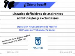 Publicada resolución por la que se aprueba la relación definitiva de aspirantes admitidos y excluidos a las pruebas selectivas la oposición de Trabajo Social del Ayuntamiento de Madrid.