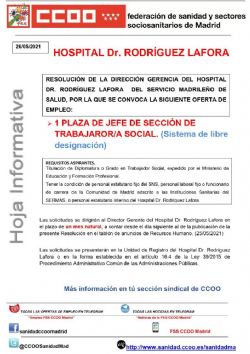 Se publica la convocatoria a la Jefatura de Servicio de Trabajo Social del Hospital Dr. Rodríguez Lafora